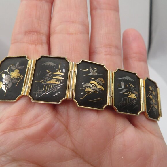 Japanese Damascene Style Panel Vintage Bracelet - Picture 2 of 10